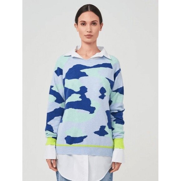 Brodie Cashmere Cora Camo Jumper  Blue Mist Long Sleeve Crew Neck Sweater XS - Picture 1 of 7